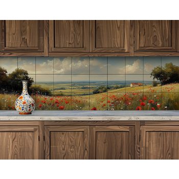 Ceramic tile mural with poppy field, green hills
