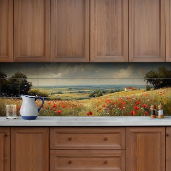 Ceramic tile mural with poppy field, green hills 