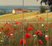 Ceramic tile mural with poppy field, green hills 