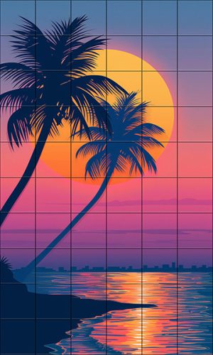 Tile mural - Beach and palm tree in the sunset