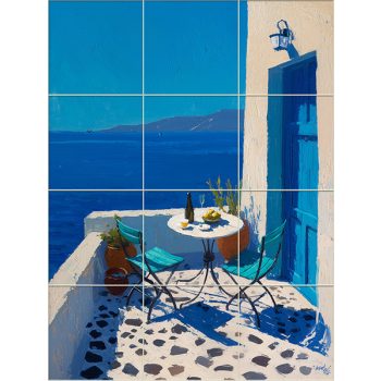Mediterranean tile mural with blue-accented terrace, wine, table setting, and sea view Mediterranean tile mural with blue-accented terrace, wine, table setting, and sea view