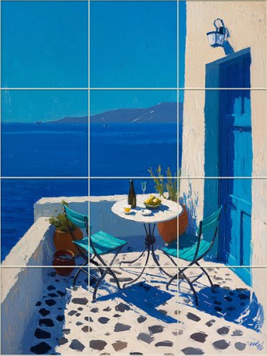 ceramic tile mural with view to the blue greek terrace