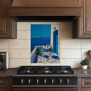 Mediterranean tile mural with blue-accented terrace, wine, table setting, and sea view