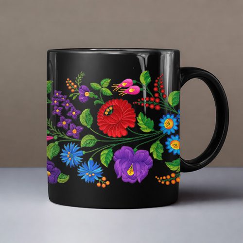 Hungarian Kalocsai embroidery folk pattern black mug