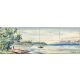 Fisherman in boat on tropical bay with palm trees and mountains ceramic tile mural