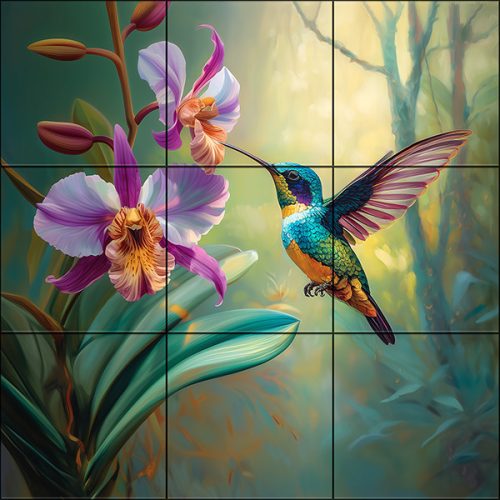 Kolibri és orchidea mintás fali csempe 