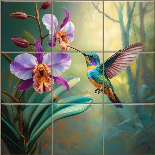 Kolibri és orchidea mintás fali csempe 