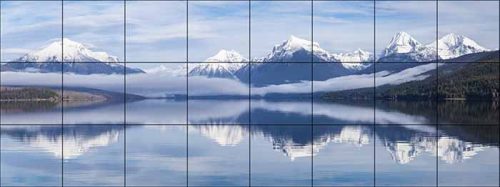 Ceramic tile mural with snow-capped mountains and reflection of Lake McDonald