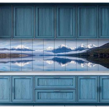 Ceramic tile mural with snow-capped mountains and reflection of Lake McDonald