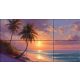Tropical tile mural with palm trees and sunset on a serene beach