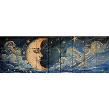 Tile mural with crescent moon face, stars and swirling clouds – decorative ceramic tile Tile mural with crescent moon face, stars and swirling clouds – decorative ceramic tile