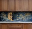 Tile mural with crescent moon face, stars and swirling clouds – decorative ceramic tile