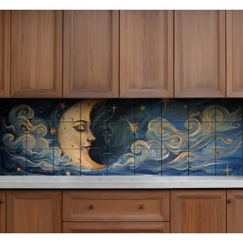 Tile mural with crescent moon face, stars and swirling clouds – decorative ceramic tile