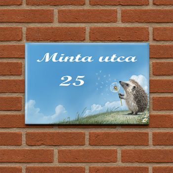 Ceramic house number sign with hedgehog dandelion motif