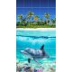 Tropical dolphin bathroom tile mural with coral reef and palm island