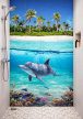 Tropical dolphin bathroom tile mural with coral reef and palm island