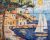 Mediterranean ceramic tile mural with sailboats, seaside houses and a sunny harbor view