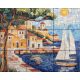 Mediterranean ceramic tile mural with sailboats, seaside houses and a sunny harbor view