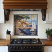 Mediterranean ceramic tile mural with sailboats, seaside houses and a sunny harbor view