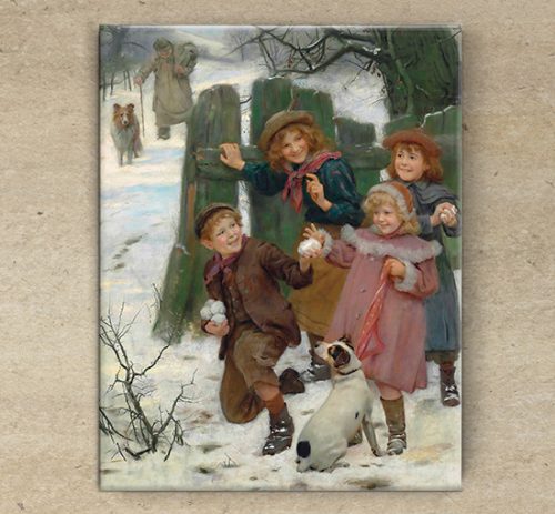 Ceramic tile trivet - children playing snowball 