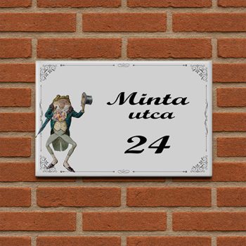 Ceramic house number sign with frog in suit top hat motif