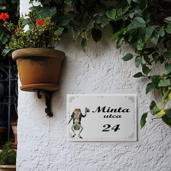 Ceramic house number sign with frog in suit top hat motif