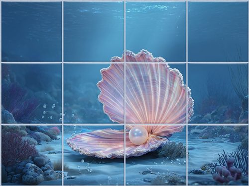 Tile mural with seashell and pearl