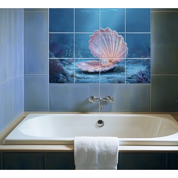 Tile mural with seashell and pearl