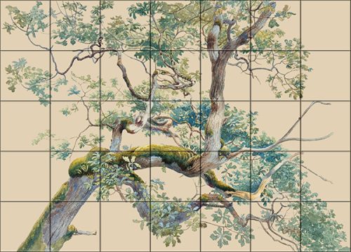 Botanical ceramic tile mural with tree branches and green leaves