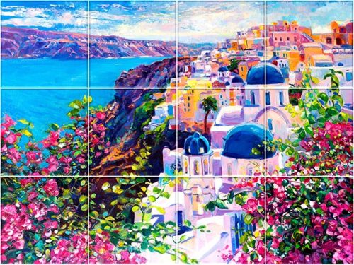 Santorini Tile Mural – Mediterranean Wall Art with Blue Domes