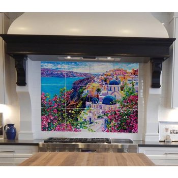 Santorini Tile Mural – Mediterranean Wall Art with Blue Domes