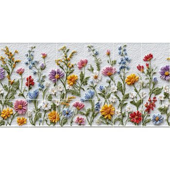 Ceramic tile mural with wildflowers on white background Ceramic tile mural with wildflowers on white background