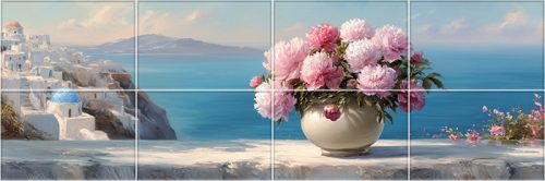 Csempekép pünkösdi rózsákkal és Santorini látképével a tengerparton