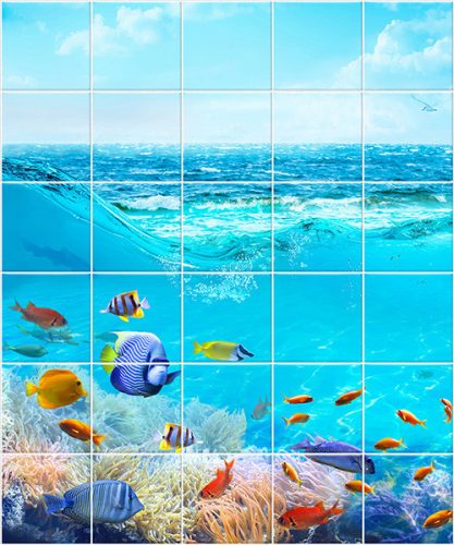 Tile mural with tropical fish and coral reef in the blue ocean
