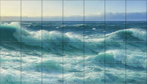 Tile mural with stormy sea waves, seagulls and dramatic sky – ocean-inspired ceramic tile 