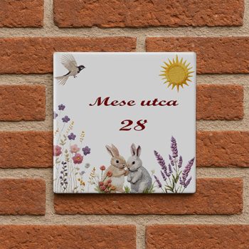 Ceramic house number sign with rabbit bird sun and flower motif