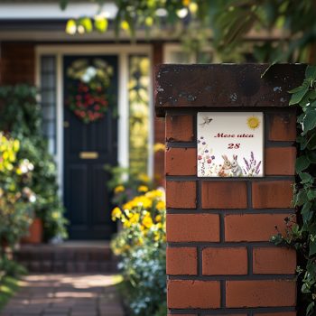Ceramic house number sign with rabbit bird sun and flower motif