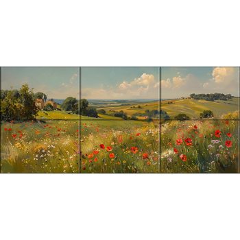Ceramic tile mural with poppy field, green hills  Ceramic tile mural with poppy field, green hills