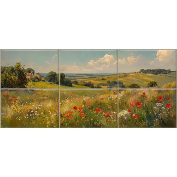 Ceramic tile mural with poppy field, green hills 