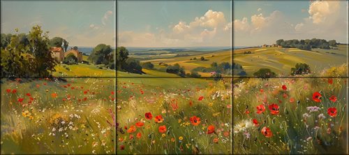 Ceramic tile mural with poppy field, green hills 