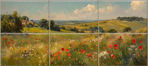 Ceramic tile mural with poppy field, green hills 