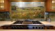 Ceramic tile mural with poppy field, green hills 