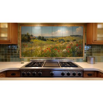 Ceramic tile mural with poppy field, green hills