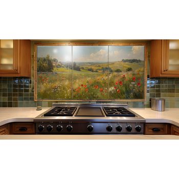 Ceramic tile mural with poppy field, green hills 