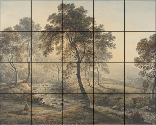 Ceramic tile mural with river, trees and morning light in classic landscape scene
