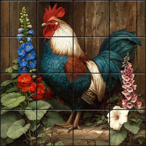 Tile mural with rooster and blooming garden flowers on rustic wood