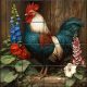 Tile mural with rooster and blooming garden flowers on rustic wood