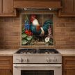 Tile mural with rooster and blooming garden flowers on rustic wood