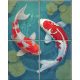 Tile mural with two red and white koi fish and lotus leaves in Japanese style