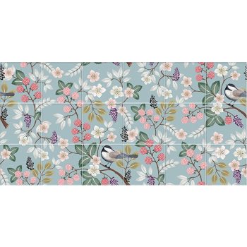 Ceramic tile mural with birds, raspberries, blackberries and flowers for kitchen decor Ceramic tile mural with birds, raspberries, blackberries and flowers for kitchen decor